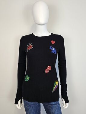 Lauren Moshi Pop Art Black Waffle Knit Thermal Long Sleeve Sz M
